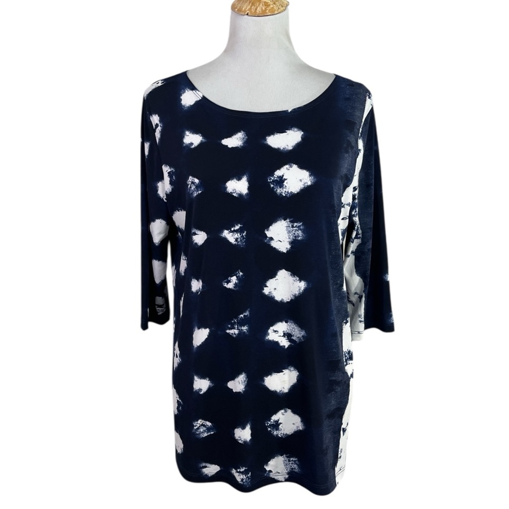 Clara Sun Woo Ikat Boat Neck 3/4 Sleeve Top size Medium in Navy Blue